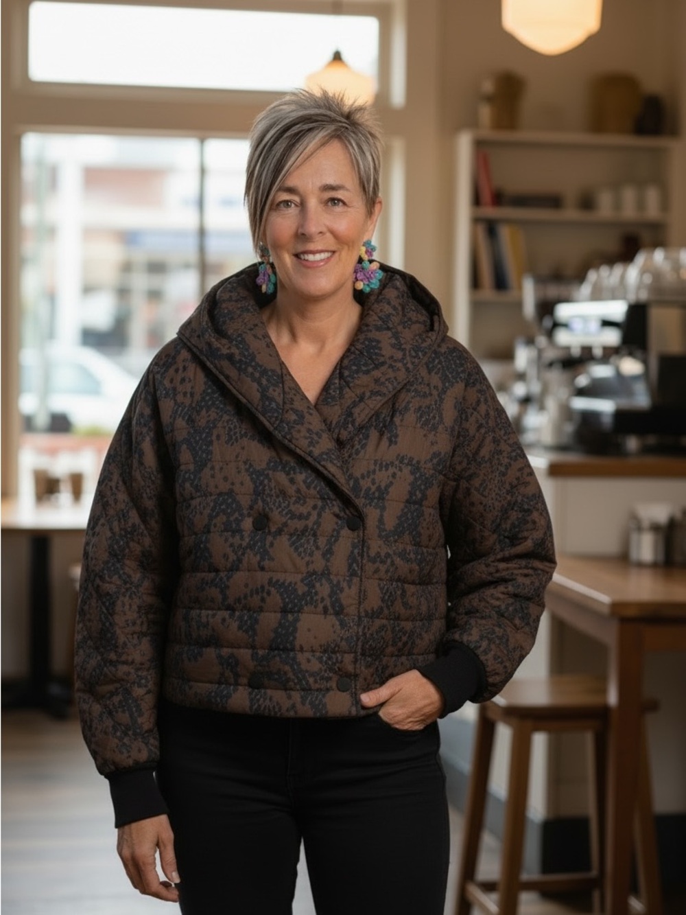 CAbi Brown Snake Patterned Quilted Hooded Button Puffer Jacket